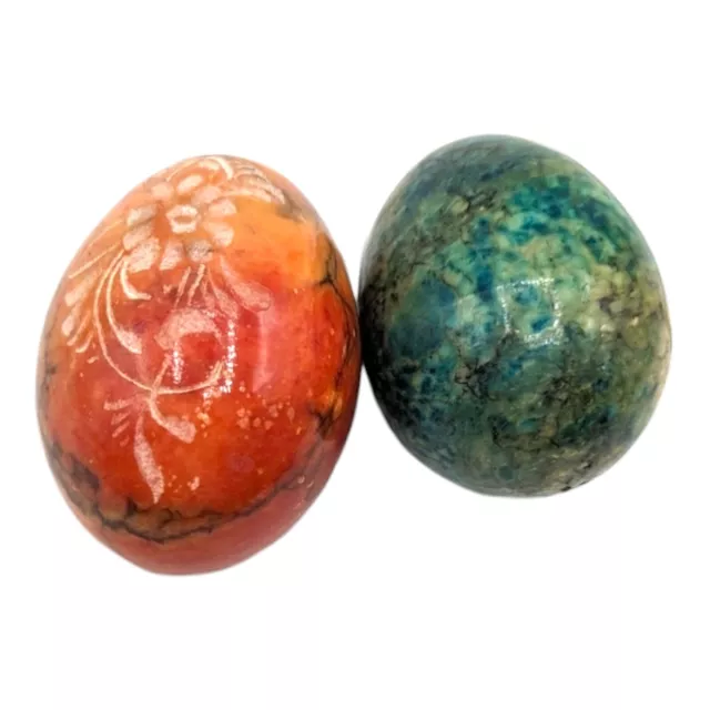 Vintage Hand Carved Alabaster Marble Stone Easter Eggs Green Red Pair 2 Floral
