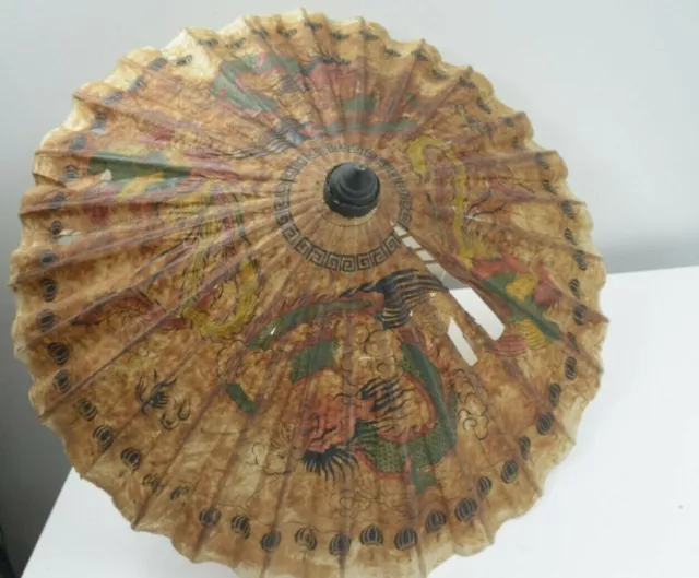 Vintage Chinese Handcrafted Parasol ~Bamboo & Rice Paper Dragons Birds Umbrella
