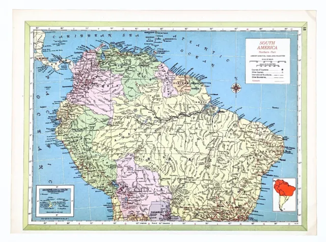 1954 South America Map Brazil Surinam French Guiana Colombia Venezuela Bolivia