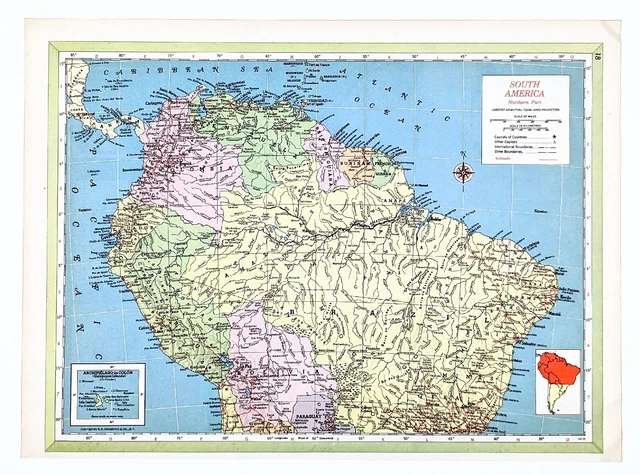1954 South America Map Brazil Surinam French Guiana Colombia Venezuela Bolivia