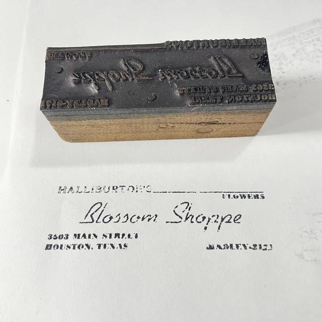 Halliburton’s Flowers Houston Texas Vintage Printing block