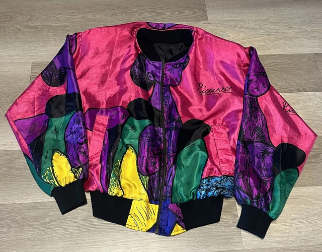 Vintage GDT Too Picasso Abstract Faces Polyester Bomber Full Zip Jacket One Size