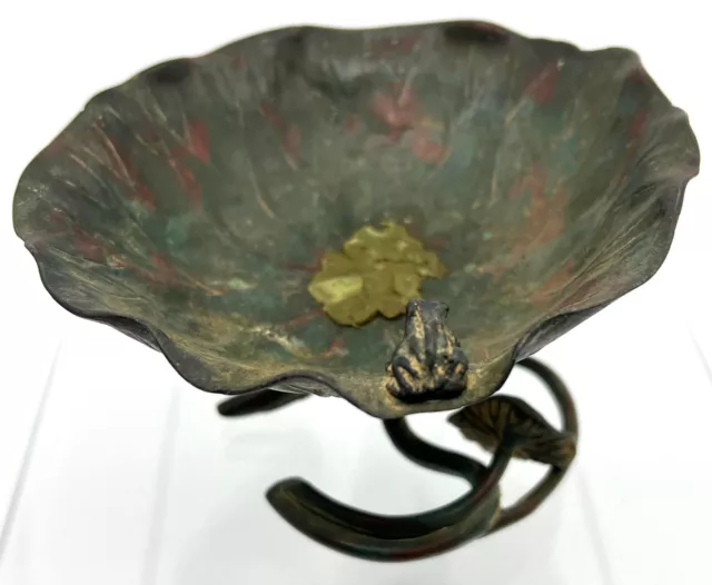 Frog Sitting on Lotus Leaf Shaped Bowl Table Desk Display Art Good Luck Piece 2