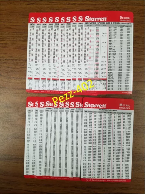 Starrett Decimal Metric Tap Drill Machinist Pocket Chart Cards (20 cards)