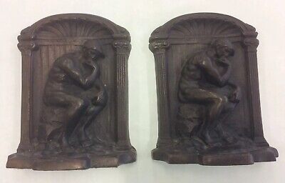Vintage 1920’s Bron Met Bronze Plated Cast Iron “The Thinker” Bookend Pair
