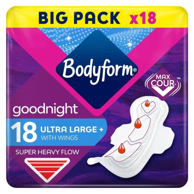 Bodyform Ultra Nacht Groß + mit Flügeln Sanitär Handtücher Groß Packung 18