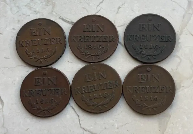 Lot of Six (6) 1816 A Austria 1 One Kreuzer Coins