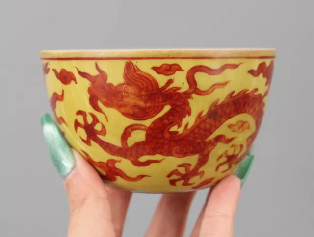 16thC Antique Red Yellow Chinese Porcelain Ming Dynasty JiaJing Mark Dragon Bowl