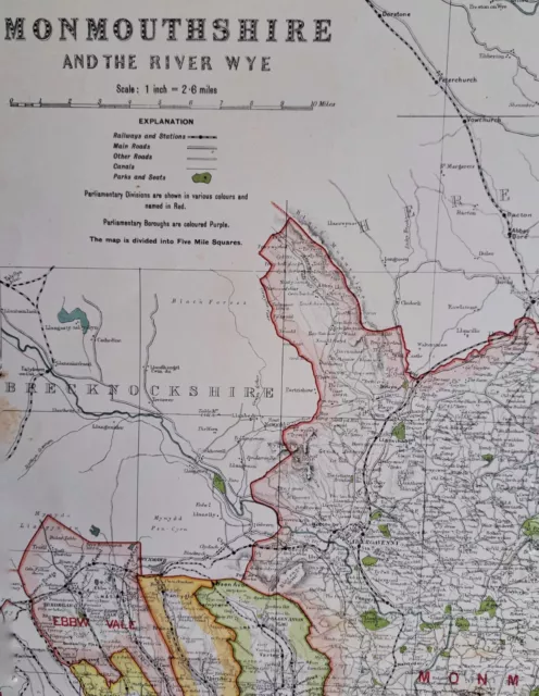 1922 Monmouthshire large county map. 101 years old. Wales. Newport, Pontypool.