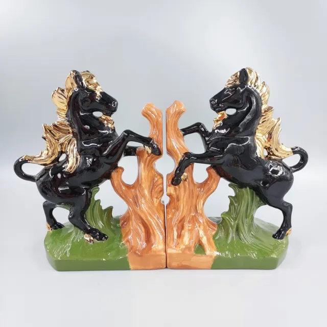 Handpainted Ceramic Porcelain Rearing Horse Figurine Bookend Set - Black