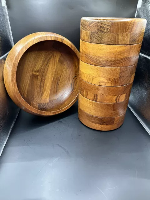 Vintage Danish teak wood stacking bowl set (6)  w/salad serving bowl -MCM