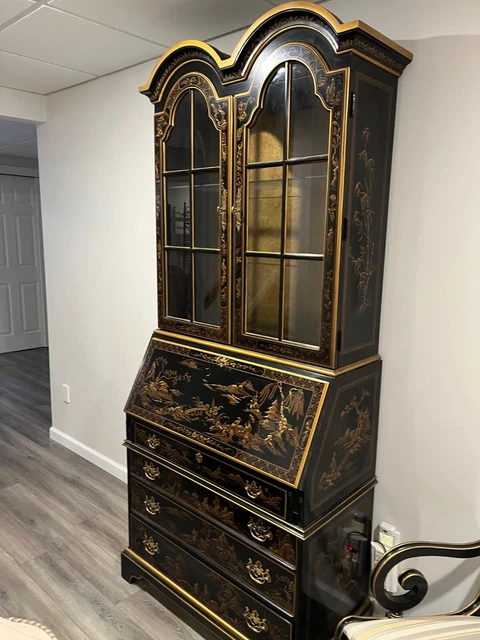 Chinese Black Lacquer Secretary Cabinet and Chair by Drexel Heritage