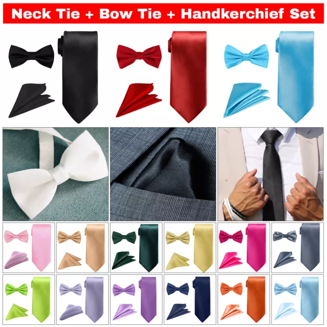 Mens Tie Bow Tie Necktie Pocket Square Handkerchief Set Plain Wedding Birthday