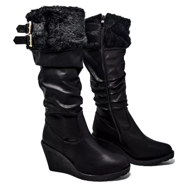 Womens Ladies Fur Wedge Heel Boots Knee High Buckle Zip Winter Riding Shoes 3-8