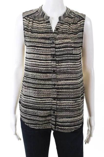 Barneys New York Womens Button Down V Neck Striped Top Gray Black Size Small