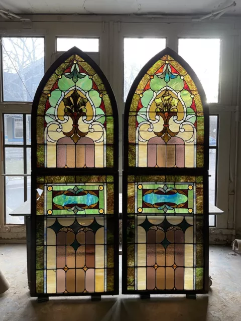 Pair of 102" Antique Cased Stained Glass 2 Piece Arched Church Windows AS IS