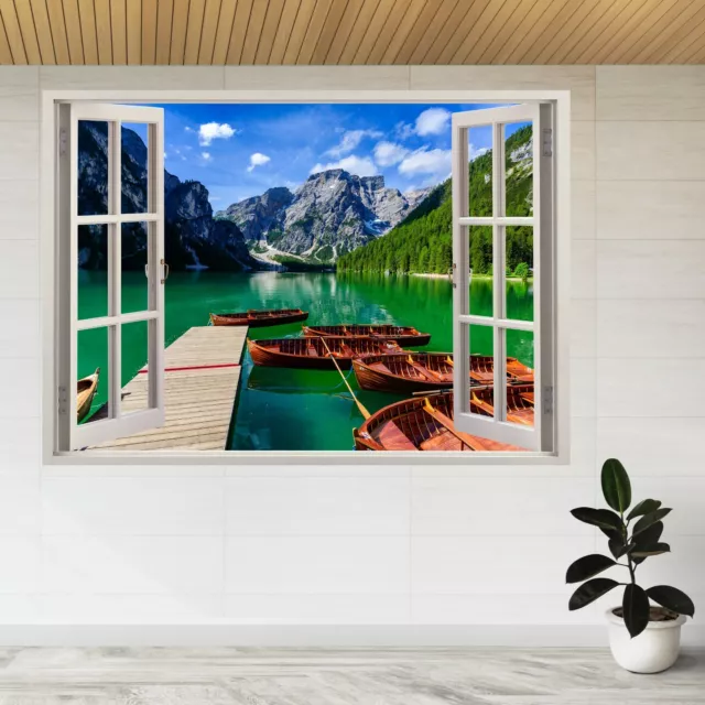 Lake Braies Dolomites Mountains 3d Window View Wall Sticker Poster Decal A260