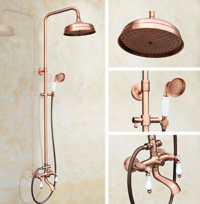 Red Copper Bathroom Tub Shower Faucet Set 8" Rain Shower Head with Hand Shower