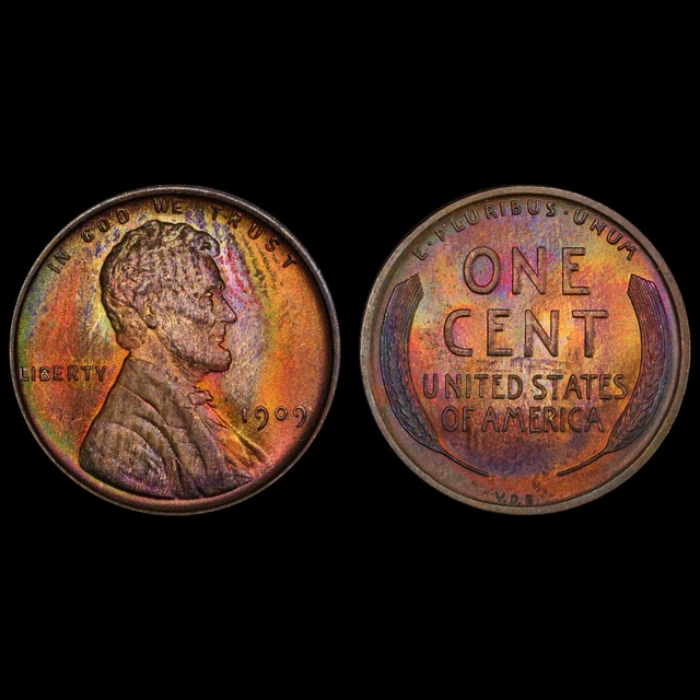 1909 VDB Lincoln Wheat Cent Penny PCGS MS64BN - Magnificent Dual Sided Toning