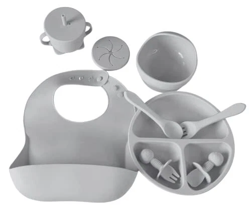 Baby Silicone Feeding Set First Stage Toddler Utensils - 8 in 1 - With Bib Si...