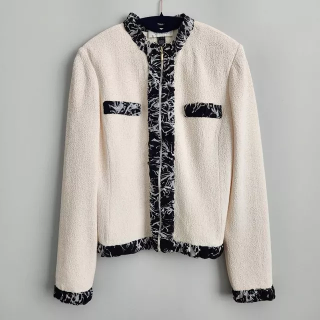 ST. JOHN Collection Boucle Knit Contrast Trim Zip Up Evening Jacket Ivory - Sz 6