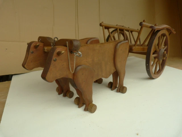 jouet ancien Dejou attelage boeufs old french wooden toy 50s altes spielzeug art