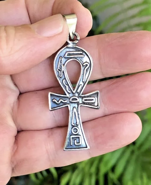 Very nice HEAVY SOLID SILVER ANKH Scarab Fancy pendant Egyptian Cross Charm