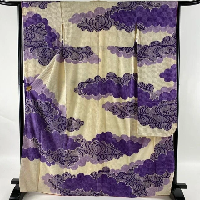 Japanese Kimono Furisode Pure Silk Pattern Of Clouds Running Water Purple