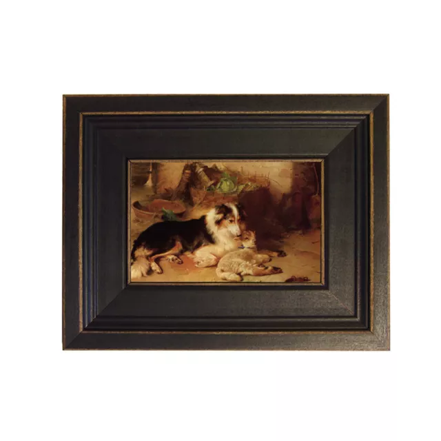 Motherless Lamb with Dog Framed Oil Painting Print on Canvas in Black Frame