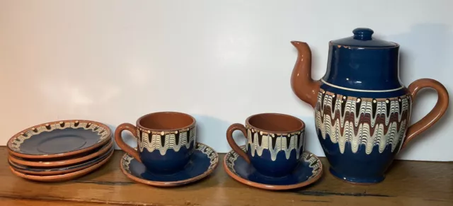 Troyan Bulgarian Pottery Slip ware Tea For 2 Set Blue