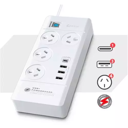 Sansai PAD-8044 4 Way Surge Powerboard with 3 x USB-A & 1x USB-C [PAD-8044]