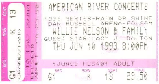 Willie Nelson Concert Ticket Stub June 10 1993 Folsom California