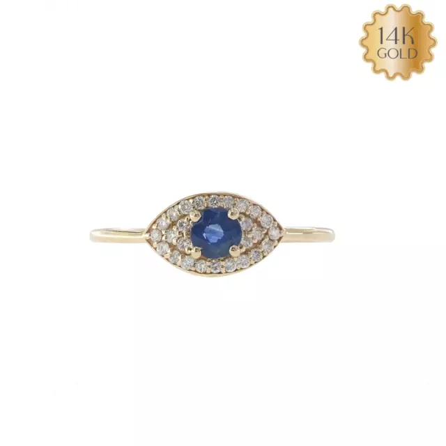 14K Gold Natural Diamond Blue Sapphire September Birthstone Evil Eye Ring