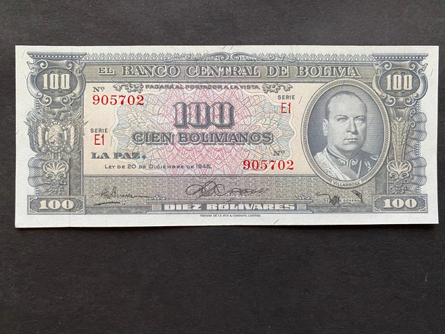 BOLIVIA, 1945, Billete Banco Central de Bolivia, 100 BOLIVIANOS, Serie E1, UNC