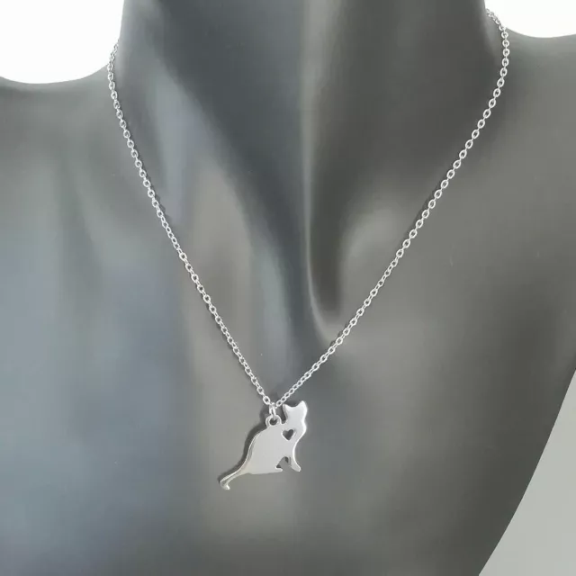 COLLIER CHAINE ARGENTE 46cm PENDENTIF CHAT COEUR ACIER INOX HYPOALLERGENIQUE