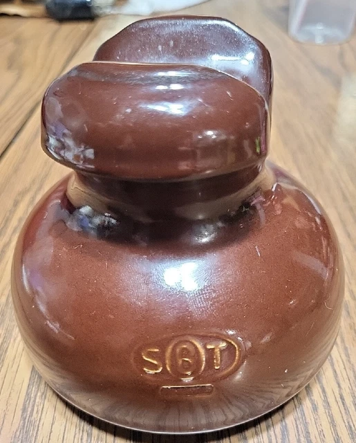 Vintage SBT Brown Glazed Porcelain Ceramic Threaded Power Line Large Insulator