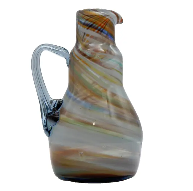 Hand Blown Swirl Art Glass Bud Vase Pitcher Blue Brown 5" Detailed Handle