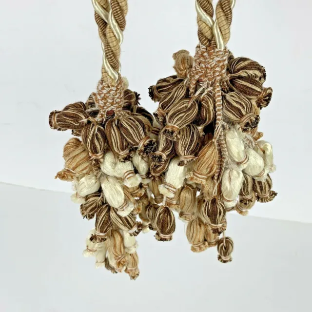 Set 2 Large Drapery Curtain Braided Tie Backs with Tassels Brown Taupe Pompoms 6