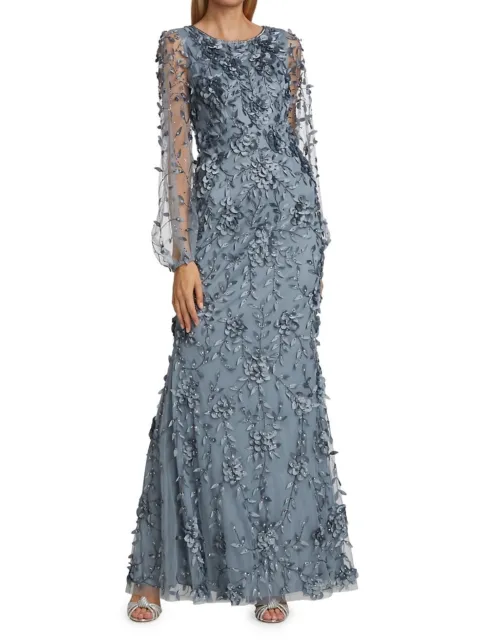 $1295 THEIA Floral Appliqué Illusion Sleeve Gown