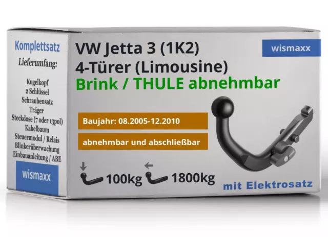 BRINK ANHÄNGERKUPPLUNG abnehmbar für VW Jetta 3 05-10 + 13pol E-Satz spezifisch