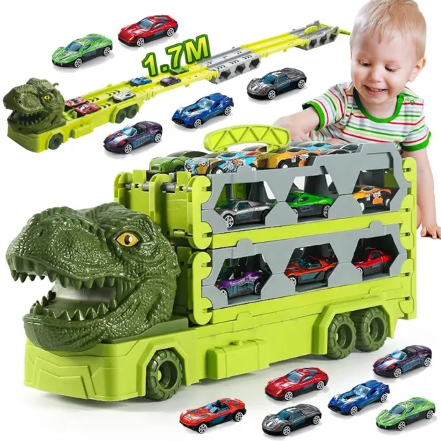 Kinder Transport Truck Spielzeugautos Dinosaurier Rennstrecke LKW mit 6 Rennwage