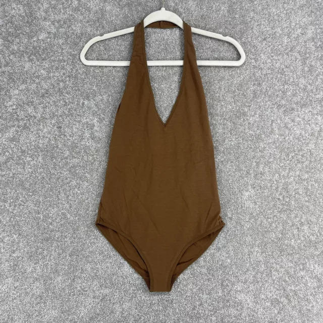 American Apparel Womens Jersey Halter Bodysuit Brown Nude Cotton Spandex Size L