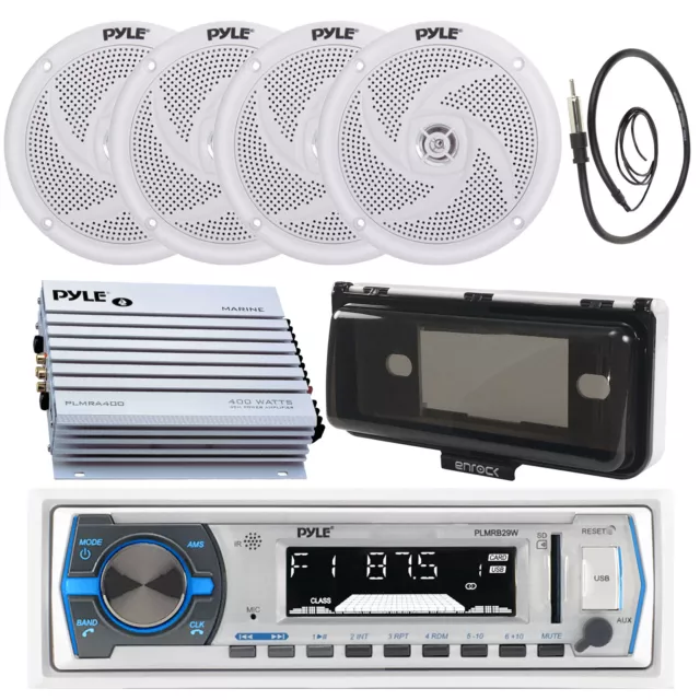 Pyle PLMRB29W Bluetooth Marine AM/FM Receiver, 4x 4" Speakers, Amp,Antenna,Cover