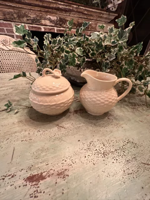 Mikasa Country Manor Embossed Basket Weave Cream and Sugar Set In Cream Color