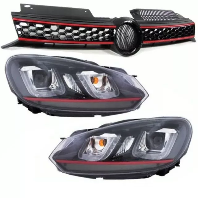 Scheinwerfer SET U LED Red Stripe 3D TFL GTI + Kühlergrill passt für VW Golf 6