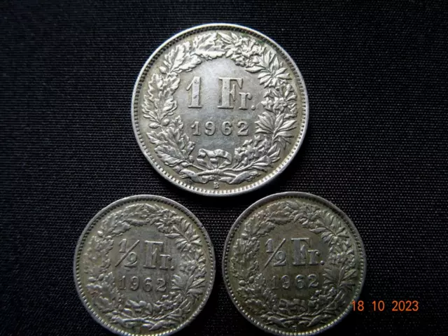 Suisse : 3 monnaies en argent de 1962 : 1 Franc et 1/2 franc X 2 (état :  TTB +)