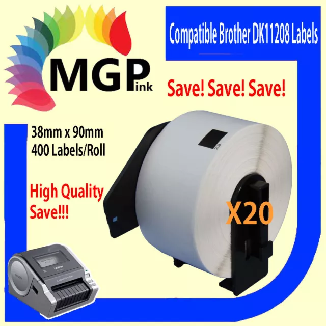 20 ROLLS OF DK11208 DK 11208 WF BROTHER COMPATIBLE Large Address Label 38mmX90mm 2