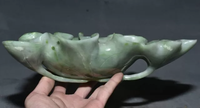 10 " Old Chinese Green Xiu Jade Carved Dynasty Palace Lotus Brush Washer Ashtray