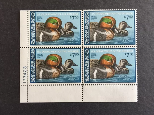 US STAMPS SC# RW46 1979 $7.50 Federal Duck Stamp Plate Block of 4 MNH -1