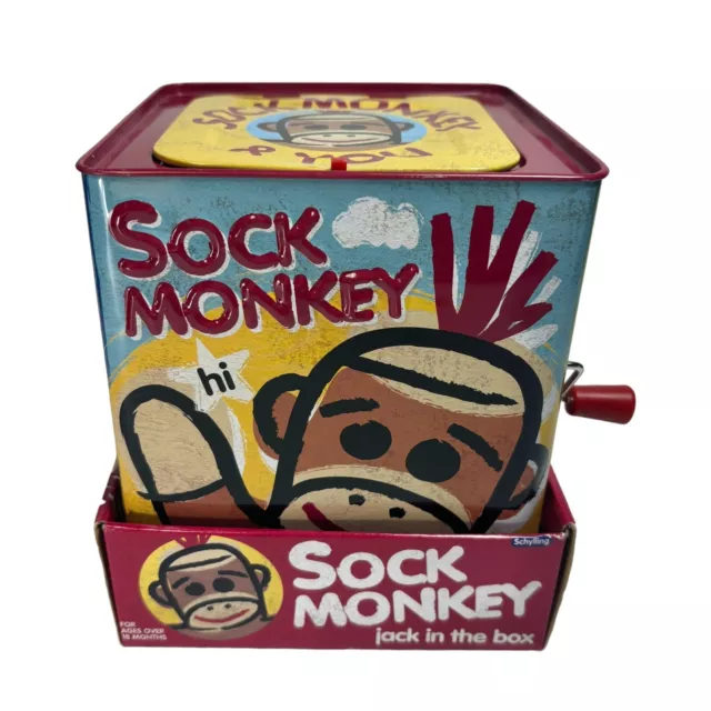 Schylling 2010 Original SOCK MONKEY JACK-IN-THE-BOX Fun Tin Musical Toddler Toy